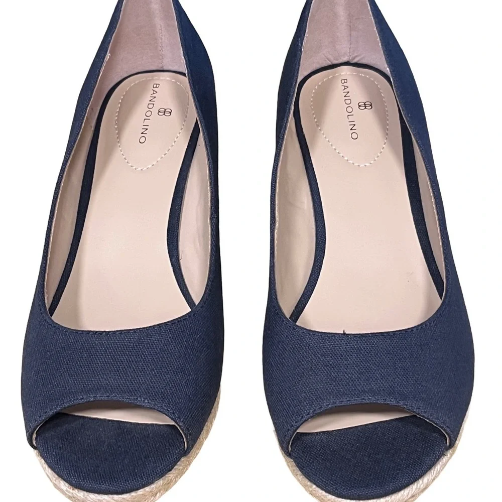 NEW Bandolino Women Navy Blue Fabric Nuri Sz 9 Espadrille Wedge Heel